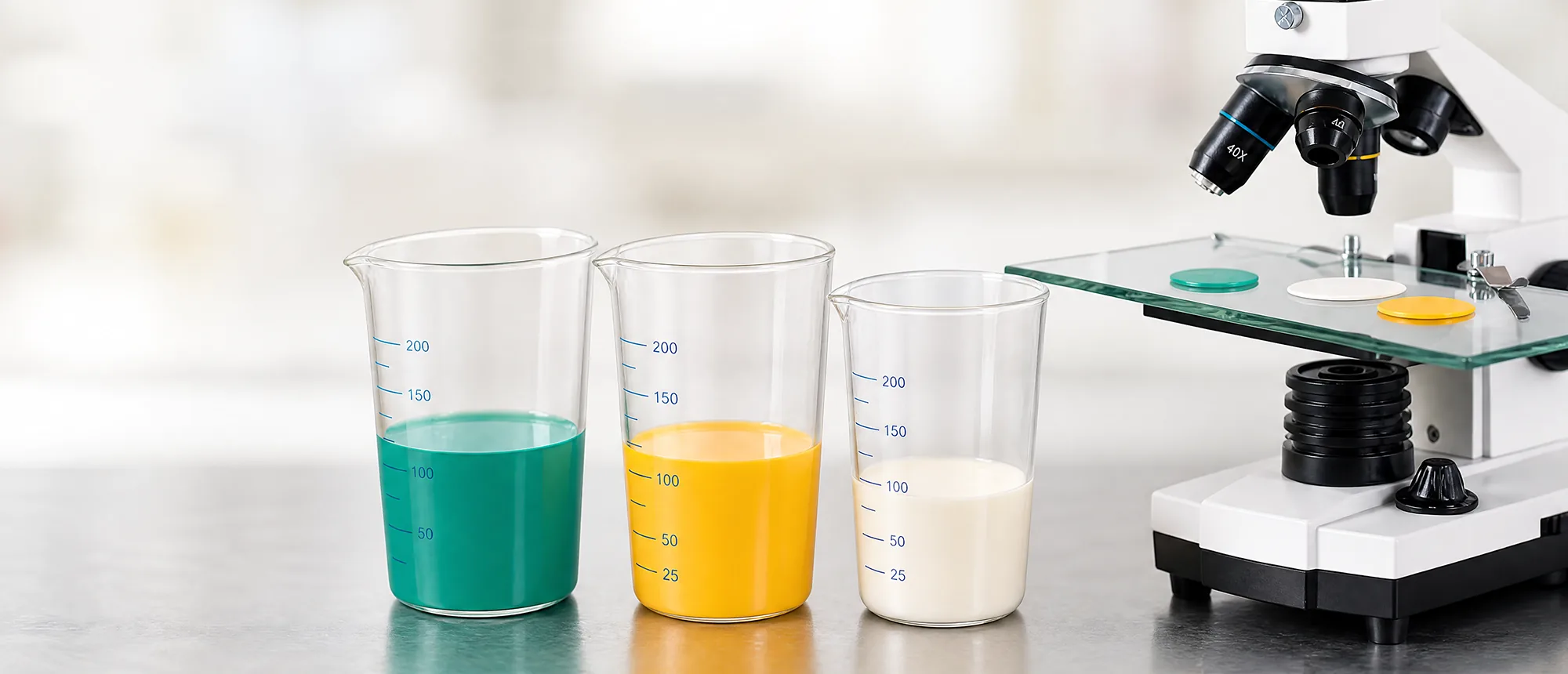 Béqueres com tintas base água em bancada de laboratório ao lado de microscópio